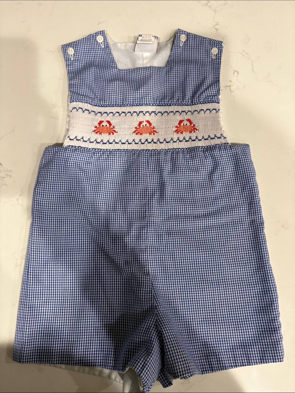 Blue Gingham Smocked Crab Baby One-Piece Romper